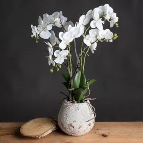 BOXED 70cm FAUX FLOWERING PLANT IN CERAMIC PLANTER (1 BOX)