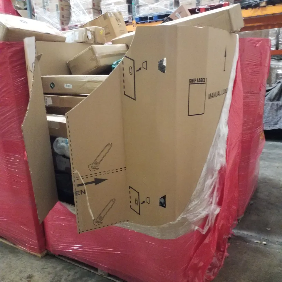 PALLET CONTAINING ASSORTED PRODUCTS INCLUDING RUBBER INTERLOCKING DRAINAGE FLOOR MAT, PLANT POT, WEED PULLER & 2 FLOATING SHELVES