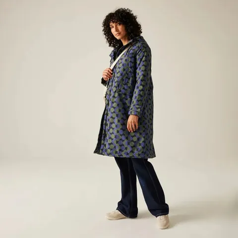 BRAND NEW REGATTA WOMENS ORLA LONG LENGTH WATERPROOF JACKET IN FRILLY FLOWER BLUE - UK 16