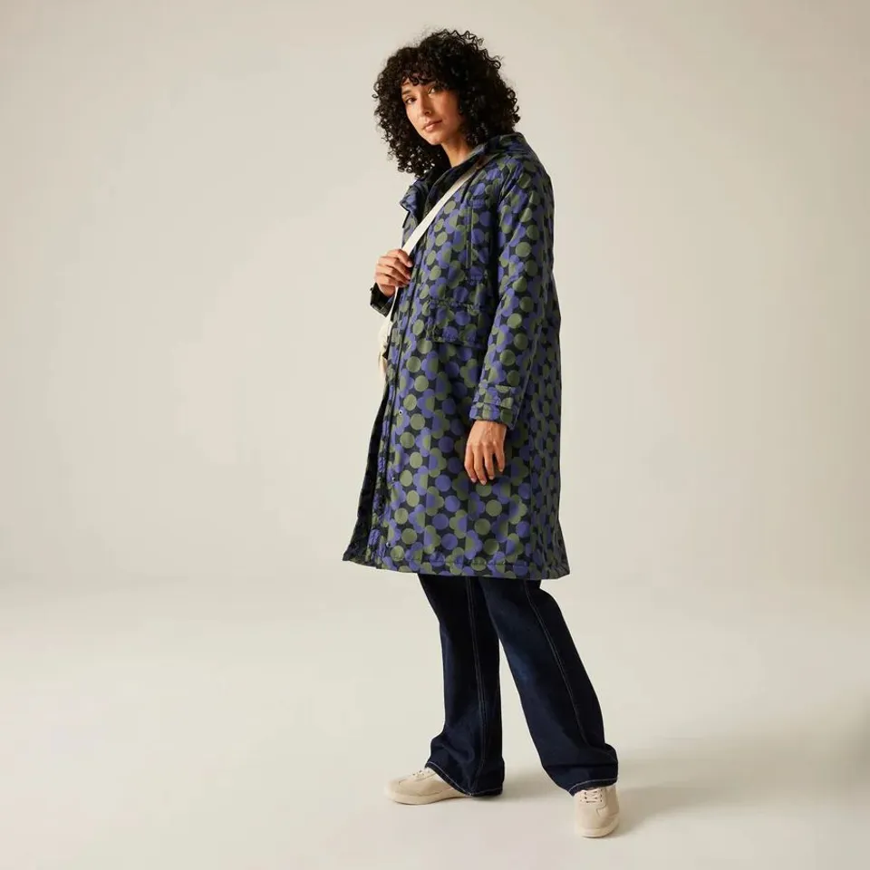 BRAND NEW REGATTA WOMENS ORLA LONG LENGTH WATERPROOF JACKET IN FRILLY FLOWER BLUE - UK 16