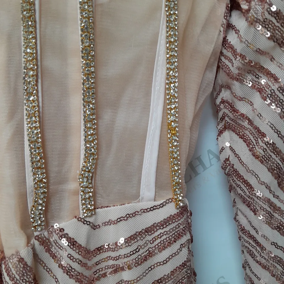 SEQUINED RHINESTONED CORSET DRESS WITH MESH DETAIL IN FLESH PINK 