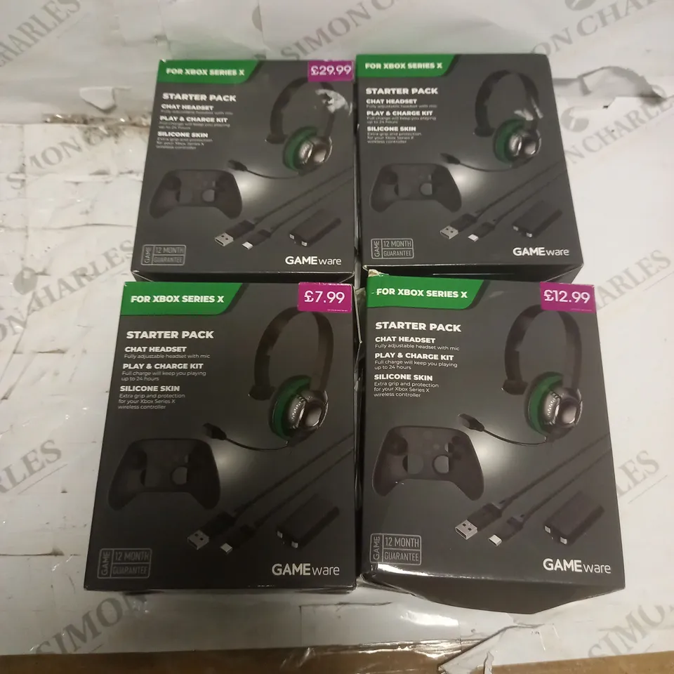 LOT OF 4 GAME XBOX STARTER KITS TO INCLUDE HEADSETS, CHARGING CABLES AND CONTROLLER SKINS