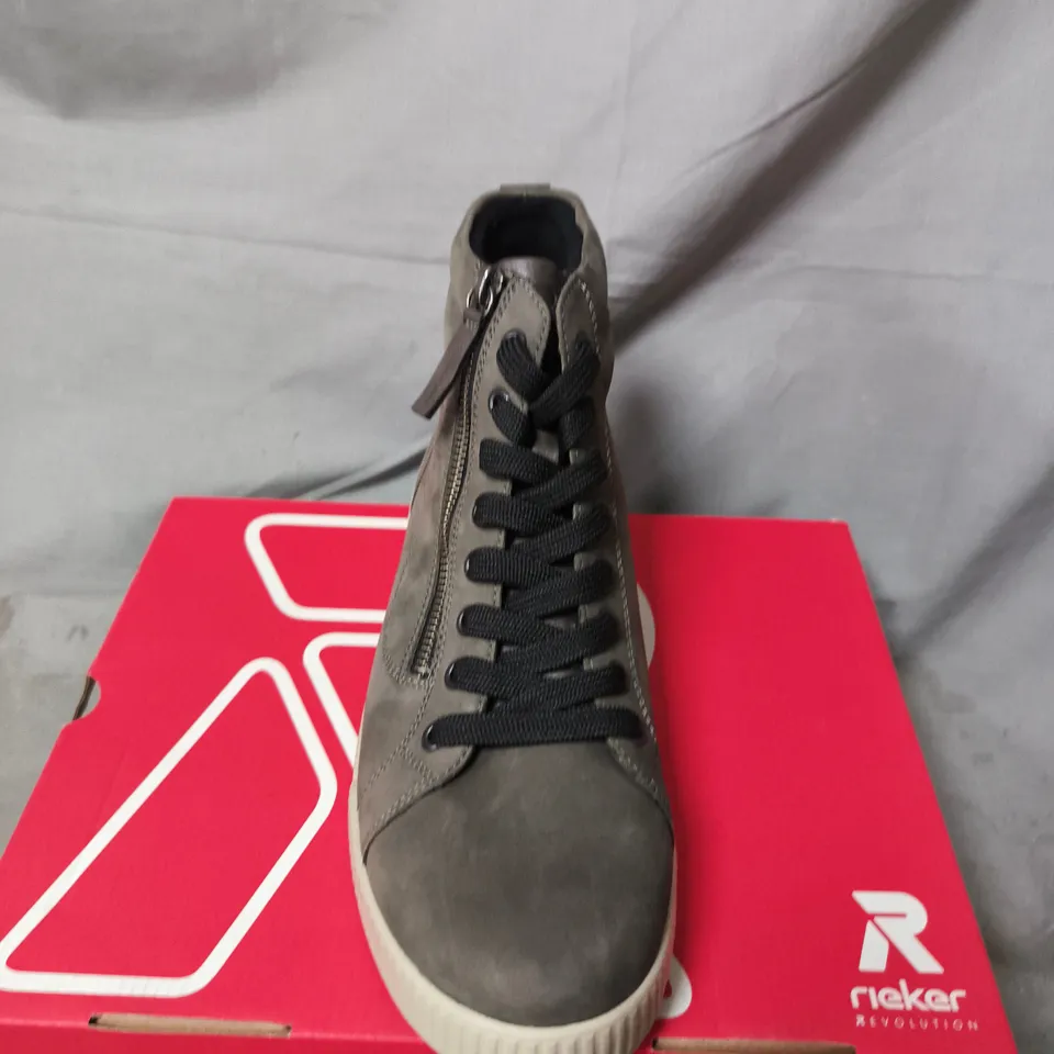 BOXED PAIR OF RIEKER GREY SUEDE HIGH-TOP SNEAKERS – MEN'S - SIZE 41