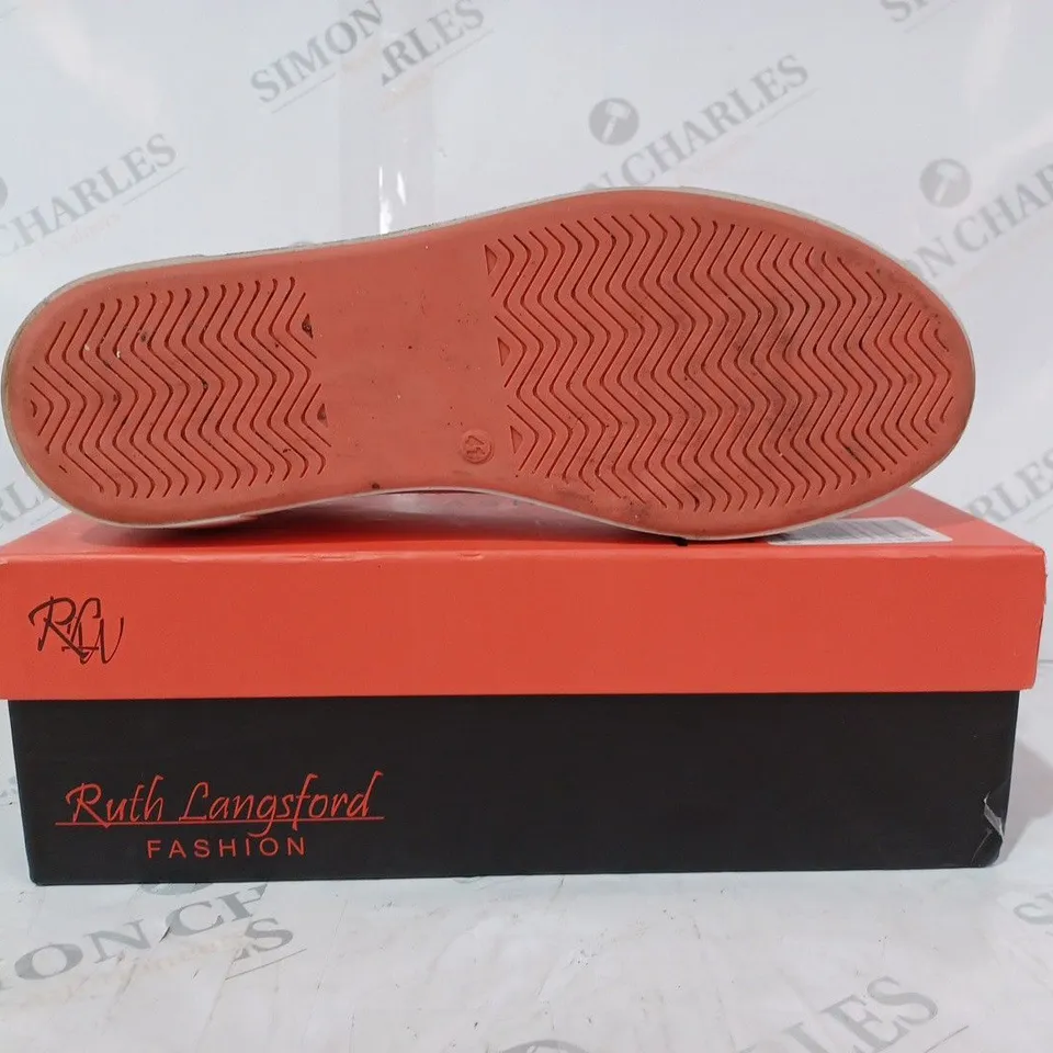 BOXED PAIR OF RUTH LANGSFORD TRAINERS IN WHITE LEOPARD PRINT SIZE 8