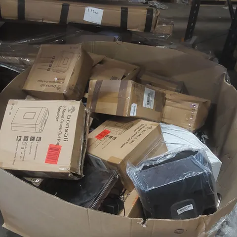 PALLET CONTAINING A LARGE QUANTITY OF ASSORTED ITEMS INCLUDING: BONSAII PAPER SHREDDERS, TURNTABLE ECT