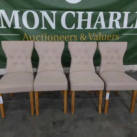 SET OF FOUR UPHOLSTERED BUTTONED BACK DINING CHAIRS NATURAL FABRIC ON NATURAL WOOD LEGS