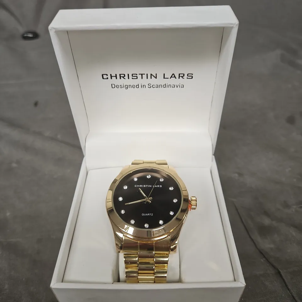 CHRISTIN LARS GOLD-TONE QUARTZ WATCH WITH BLACK DIAL 