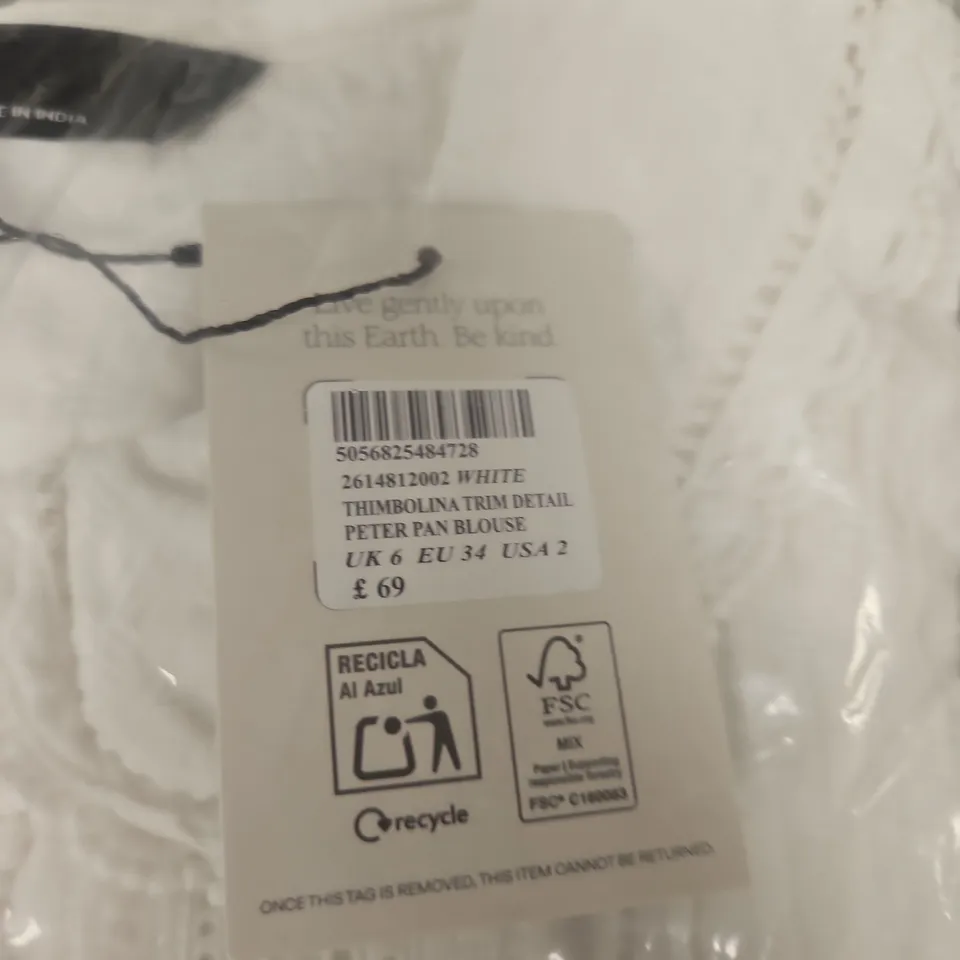 NOBODY'S CHILD WHITE PETER PAN BLOUSE – THIMBOLINA TRIM DETAIL, UK 6 