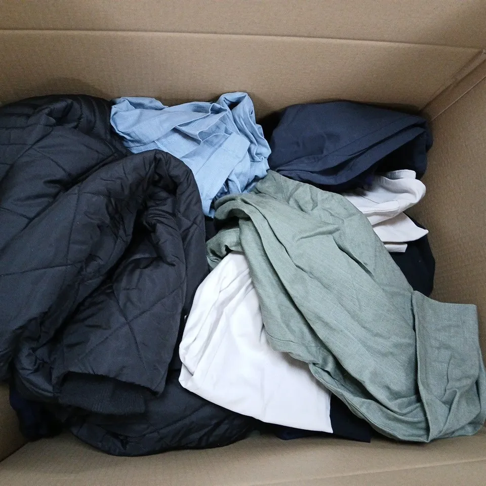 BOX OF APPROXIMATELY 15 ASSORTED CLOTHING ITEMS IN VARIOUS STYLES, COLOURS AND SIZES 