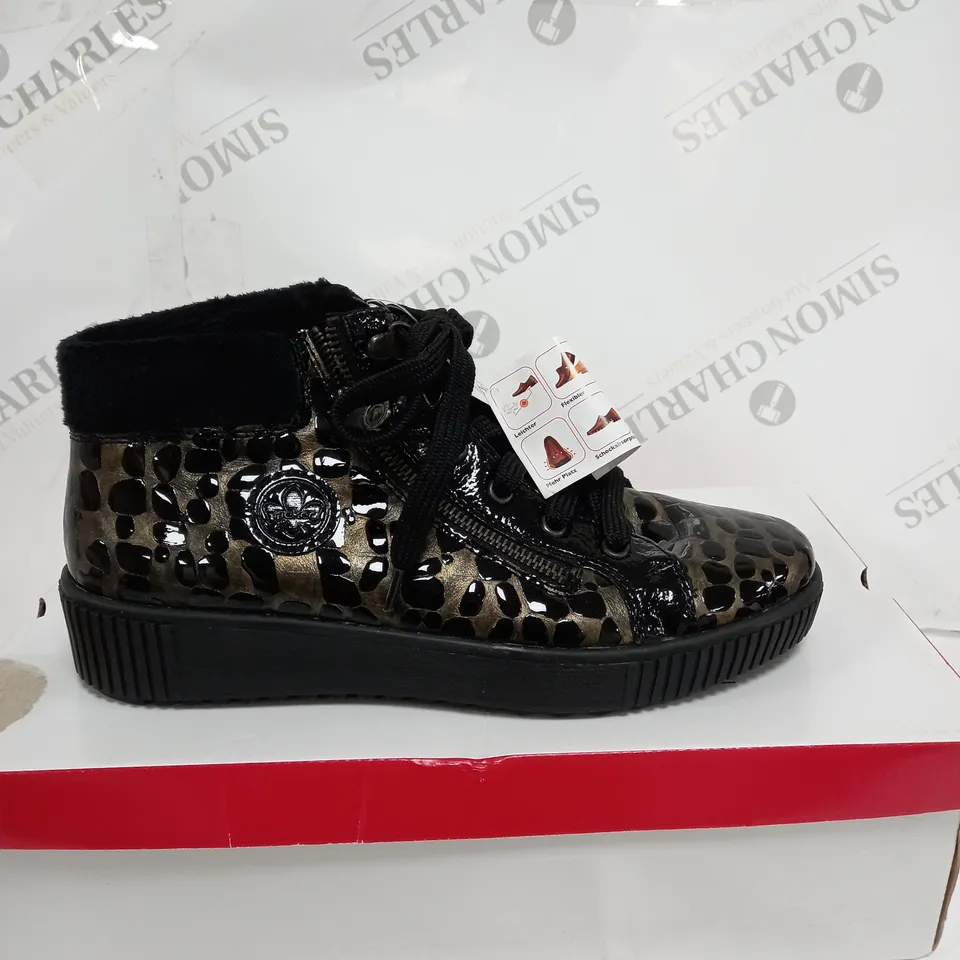 RIEKER TRAINER BOOT SIDE ZIP BLACK PATENT MULTI COLOURED - SIZE UK 6