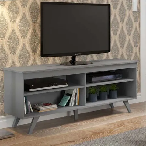 BRAND NEW BOXED WALKER EDISON VIEJO WOODEN TV STAND WITH 4 SHELVES IN GREY (1 BOX)