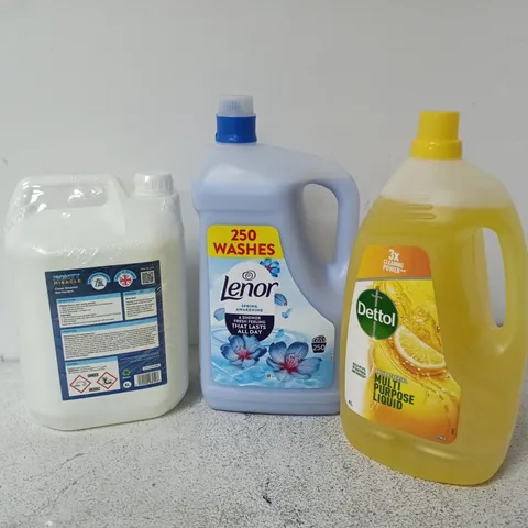 APPROXIMATELY 3 ASSORTED LARGE LIQUIDS TO INCLUDE DETTOL MULTI PURPOSE LIQUID, LENOR SPRAKING AWAKENING, MONTY MIRACLE, ETC - COLLECTION ONLY