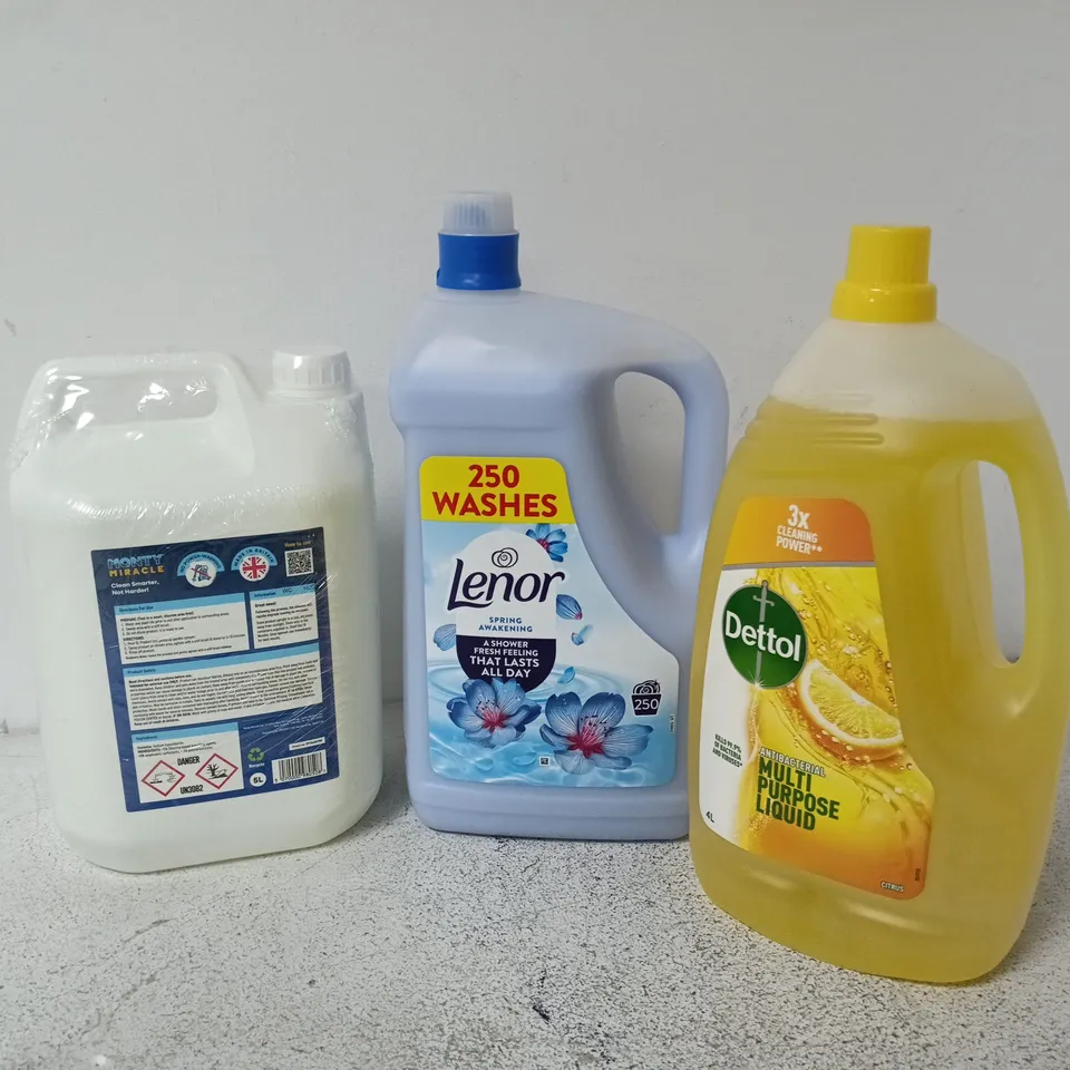 APPROXIMATELY 3 ASSORTED LARGE LIQUIDS TO INCLUDE DETTOL MULTI PURPOSE LIQUID, LENOR SPRAKING AWAKENING, MONTY MIRACLE, ETC - COLLECTION ONLY