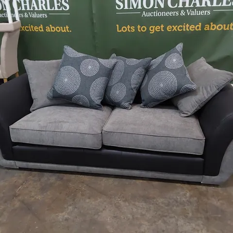 DESIGNER THREE SEATER SOFA WITH SCATTER CUSHIONS BLACK FAUX LEATHER & GREY FABRIC