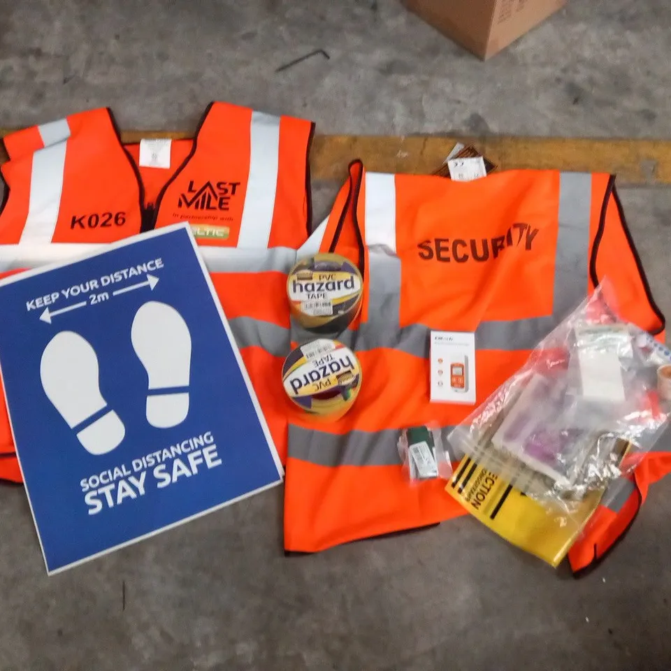 PALLET OF ASSORTED ITEMS, INCLUDING HI VIZ WAIST COATS, PARASOL BASE, FLOOR STICKERS, FLOOR TAPE, SYRINGES.