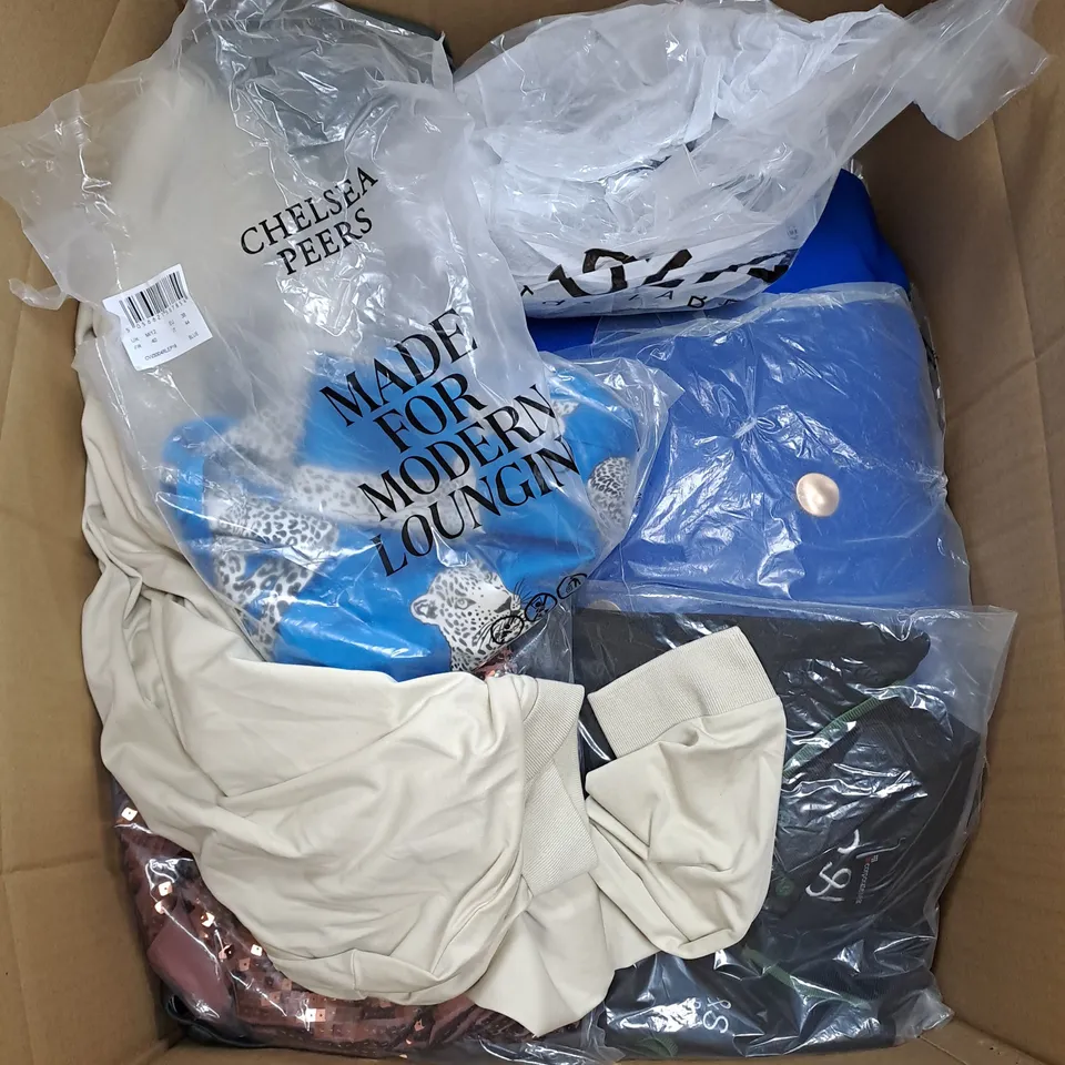 LARGE BOX OF ASSORTED CLOTHING ITEMS IN VARIOUS COLOURS AND SIZES INCLUDING TROUSERS , TOPS AND JUMPERS 