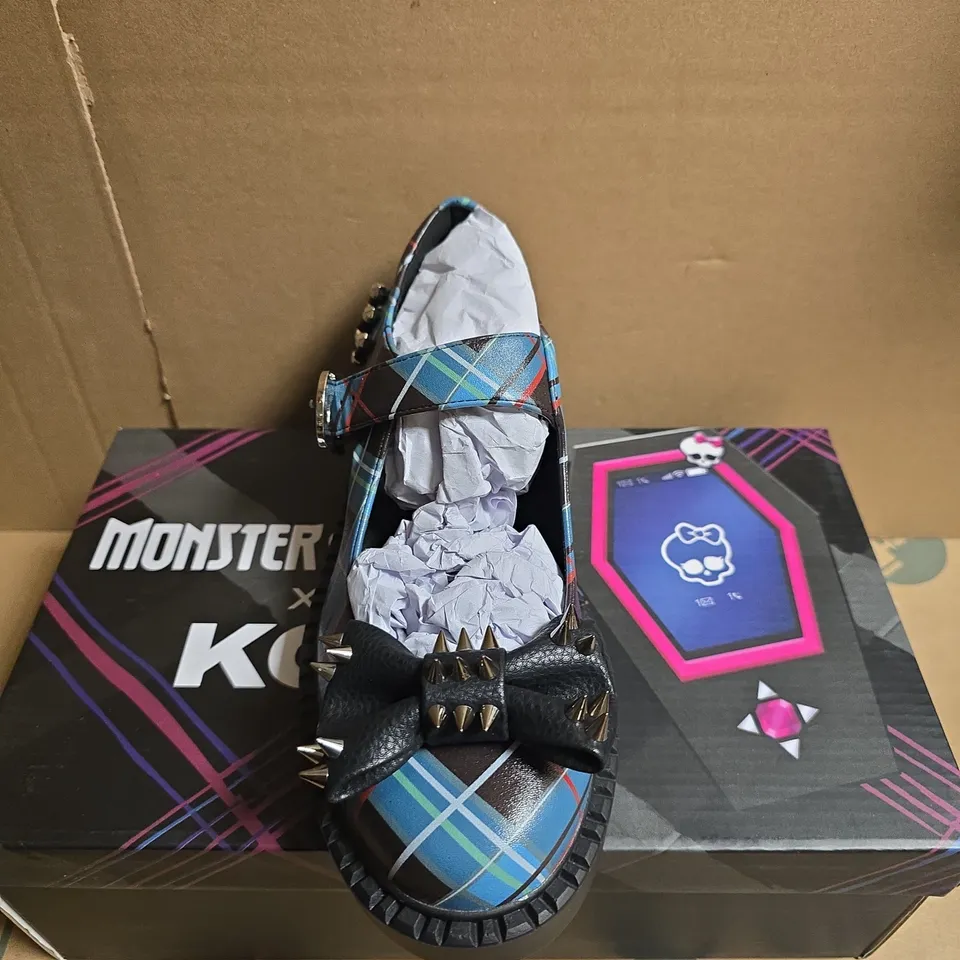 BOXED PAIR OF MONSTER X KO PLAID PLATFORM LOAFERS WITH SPIKED BOW – UK SIZE 4 