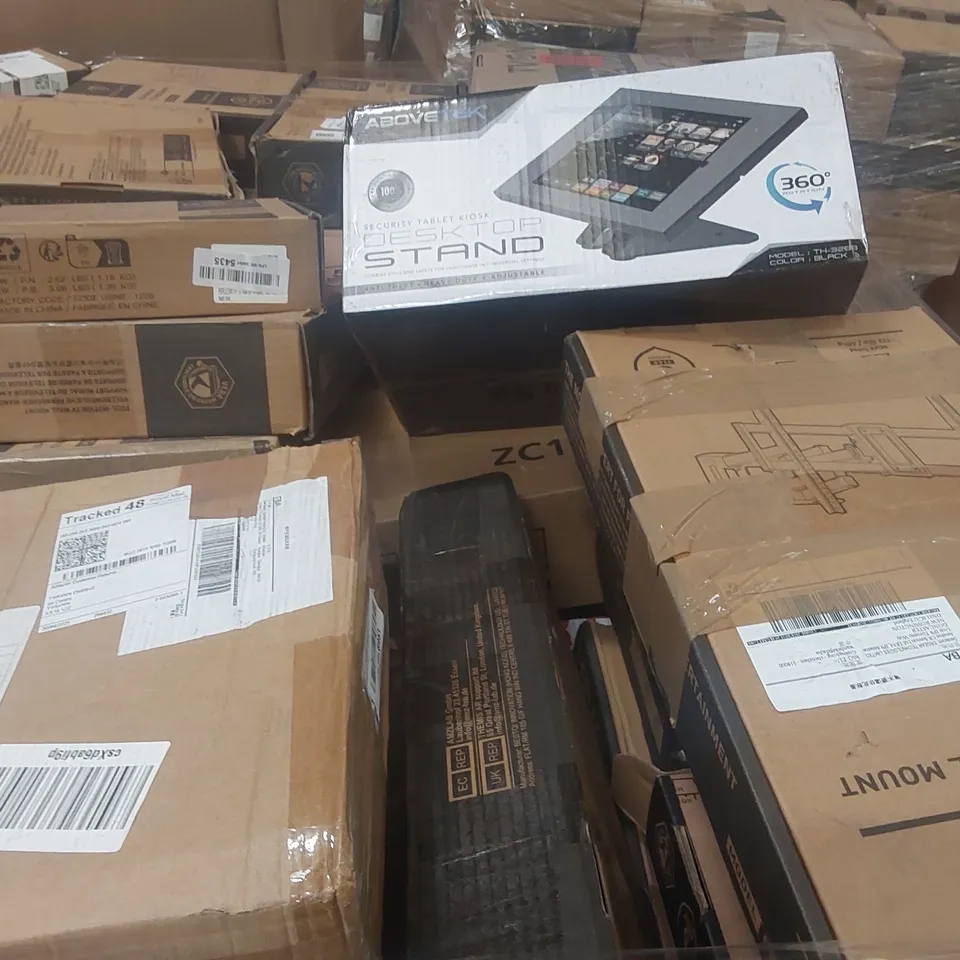 PALLET CONTAINING A LARGE QUANTITY OF ASSORTED TV MOUNTS AND SECURITY TABLET KIOSK ECT