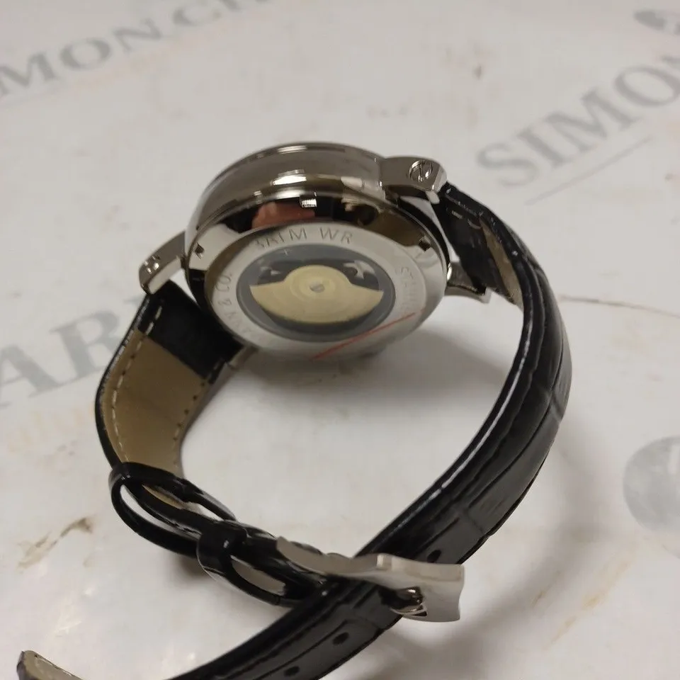 MENS ZIHLMANN & CO AUTOMATIC WATCH – Z150 – MOONPHASE DIAL – GLASS EXHIBITION BACKCASE - SILVER COLOUR CASE – BLACK LEATHER STRAP