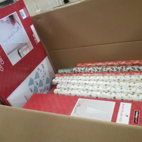PALLET CONTAINING ASSORTED CHRISTMAS PRODUCTS & DECORATIONS INCLUDING COLOUR-IN CARDBOARD CHRISTMAS TREE,  BOTTLE BRUSH LED TREES & ASSORTED WRAPPING PAPER