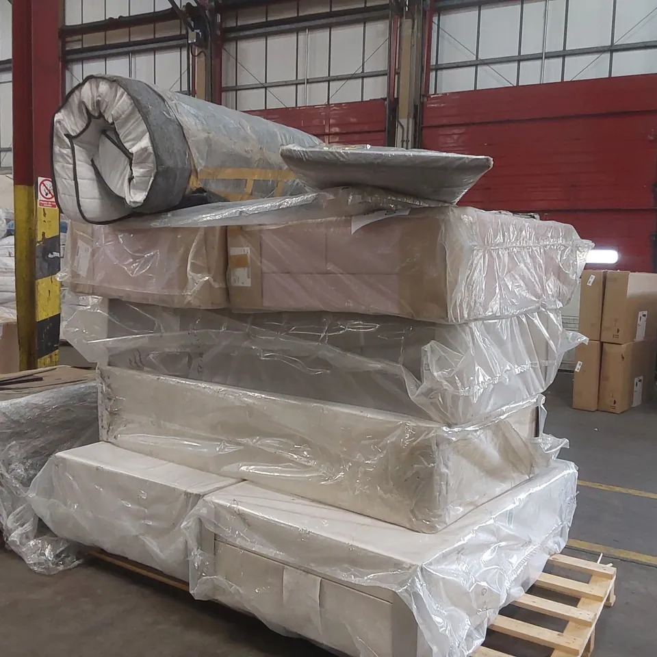 PALLET CONTAINING A LARGE ASSORTMENT OF DIVAN BASE PARTS, MATTRESSES AND HEADBOARDS ECT