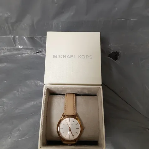 MICHAEL KORS SLIM RUNWAY THREE-HAND BLUSH LEATHER WATCH