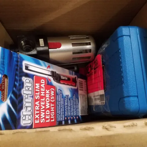 BOX CONTAINING ASSORTED PRODUCTS INCLUDING EXTRA SLIM SWIVEL HEAD LED WORK LIGHT, 16 PIECE DEEP IMPACT SOCKET SET & 1/2" FILTER, REGULATOR & LUBRICATOR
