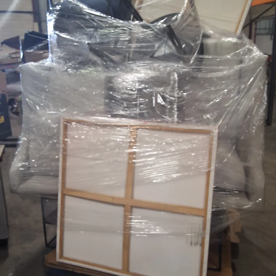 PALLET OF ASSORTED HOUSEHOLD PRODUCTS TO INCLUDE;CANVAS,BAR STOOLS,FABRIC SINGLE CHAIR,CHAIRS,TV UNIT