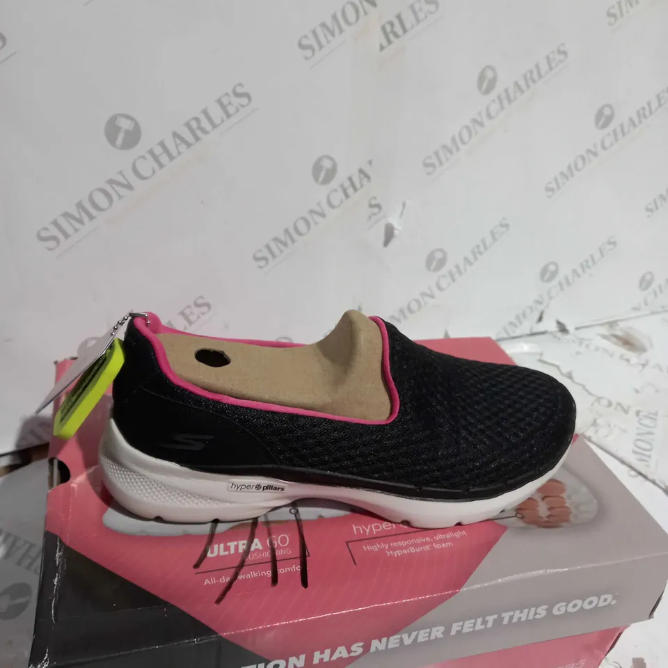 PAIR OF BOXED SKECHERS GO WALK 6, BLACK & FUSCHIA, UK SIZE 6