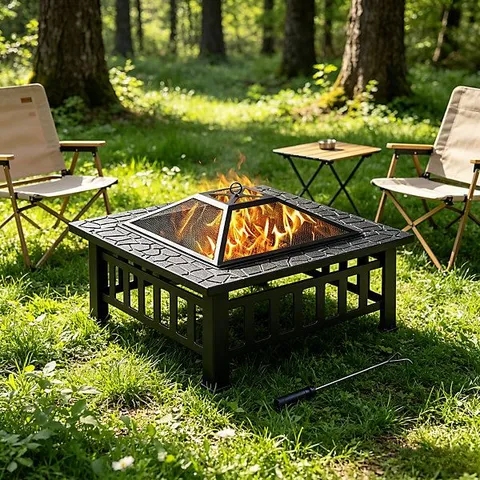 BOXED YAHEETECH OUTDOOR SQUARE FIRE PIT WITH COVER AND POKER - BLACK (1 BOX)
