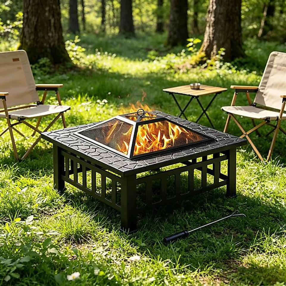 BOXED YAHEETECH OUTDOOR SQUARE FIRE PIT WITH COVER AND POKER - BLACK (1 BOX)
