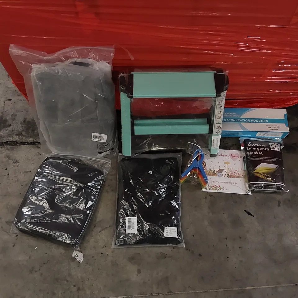 PALLET OF ASSORTED ITEMS INCLUDING: FOLDING STEP, T-SHIRTS, CYCLING BAG, LUNCH BAG, CLOTHES PEGS,STERILISATION POUCHES, MOTHERS DAY CARDS, EMERGENCY BLANKET 
