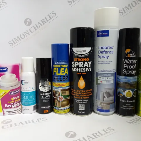 BOX OF APPROX 12 ASSORTED AEROSOLS TO INCLUDE BOND IT STRONG SPRAY ADHESIVE, OUT&ABOUT WATERPROOF SPRAY, VIRBAC INDOREX DEFENCE SPRAY, ETC