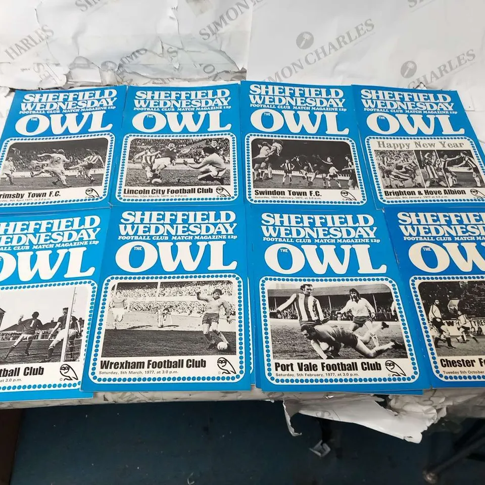 COLLECTION OF APPROXIMATELY 18 SHEFFIELD WEDNESDAY FOOTBALL CLUB MATCH MAGAZINE THE OWL FROM 1976/1977 INCLUDING; PRENDO'S TESTIMONIAL LEICESTER, WATFORD, GRIMSBY, OXFORD UNITED, LINCOLN CITY, READING