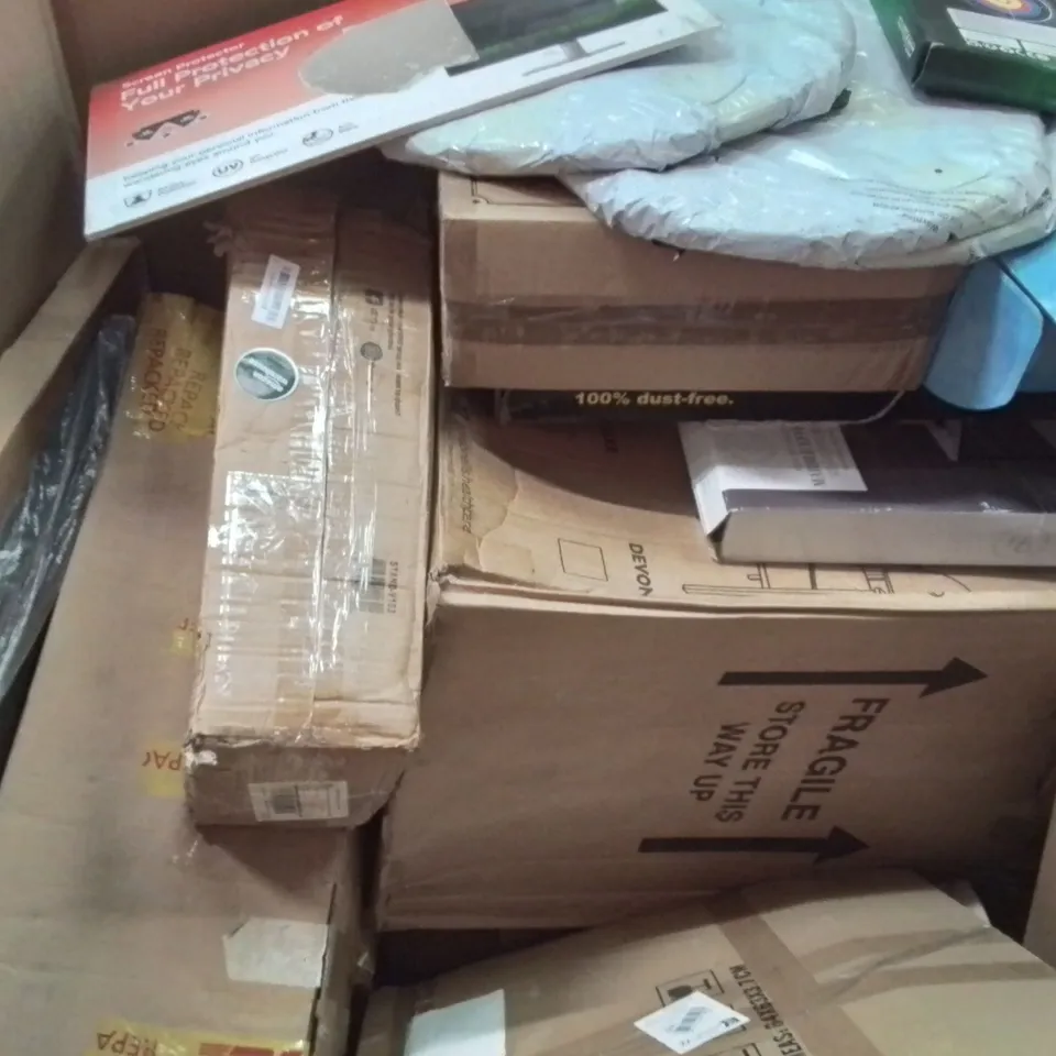 PALLET TO CONTAIN AN ASSORTMENT OF HOUSEHOLD ITEMS TO INCLUDE FOOT SPA, DART BOARD SCREEN PROTECTORS AND VINYL FLOOR CUTTER ECT