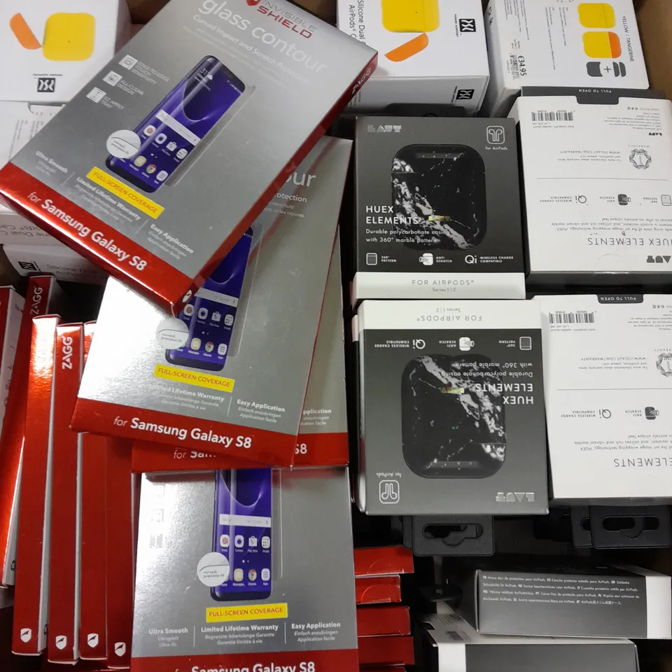 APPROXIMATELY 60 ASSORTED ELECTRICAL PRODUCTS TO INCLUDE POWER SUPPORT AIRPOD SILICON CASE, INVISIBLE SHIELD GLASS CONTOUR & LAUT HUEX ELEMENTS AIRPODS CASE ETC 