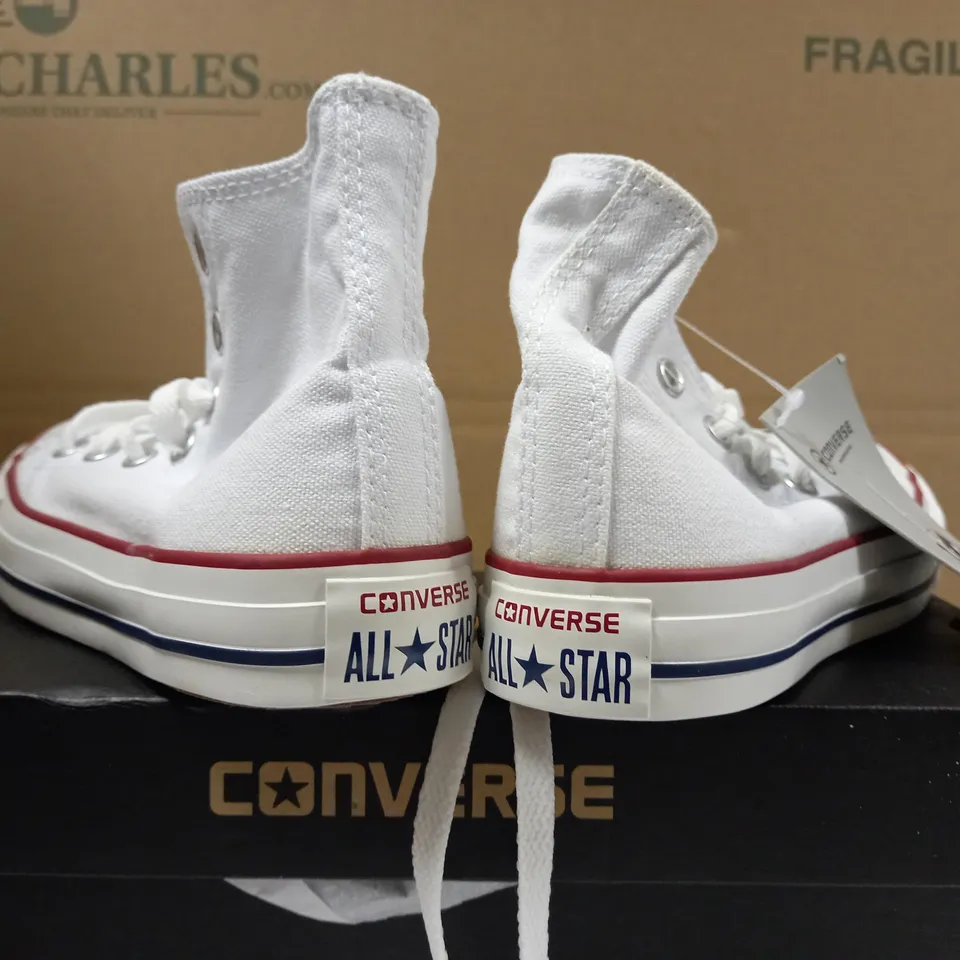 BOXED PAIR OF CONVERSE ALL STAR WHITE/LOGO TRAINERS -  SIZE 4