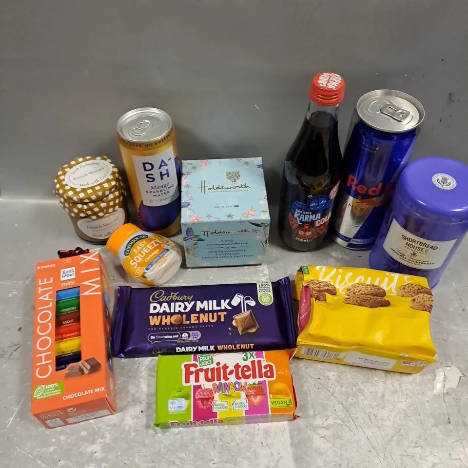 APPROXIMATELY 15 ASSORTED FOOD/DRINK PRODUCTS TO INCLUDE RED BULL, DASH DRINK, RHYTHM BISCUITS ETC 