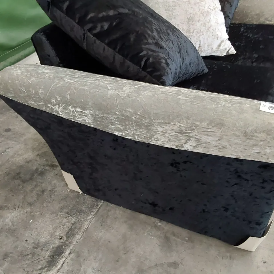 DESIGNER ZULU TWO SEATER SOFA WITH SCATTER CUSHIONS BLACK/ SILVER CRUSHED PLUSH FABRIC
