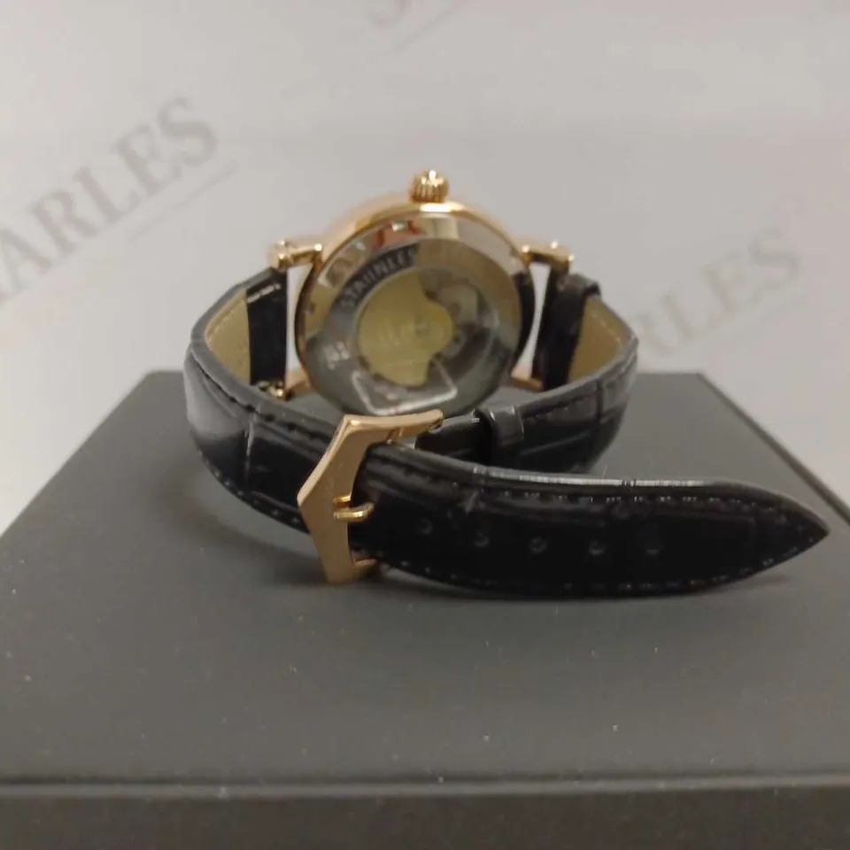ZIHLMANN & CO GOLD EFFECT SKELETON BLACK LEATHER STRAP WRISTWATCH