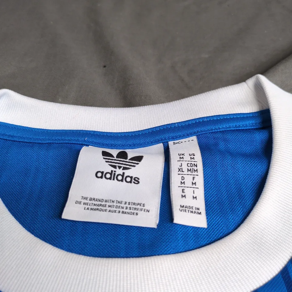 ADIDAS FOOTBALL JERSEY – MEN’S MEDIUM, BLUE WITH WHITE STRIPES 