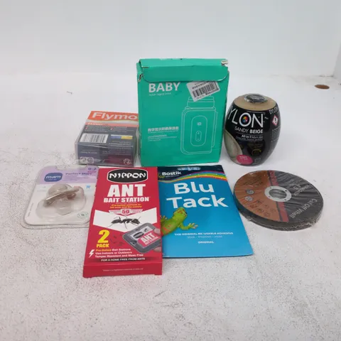 TOTE OF APPROXIMATELY 15 ASSORTED ITEMS TO INCLUDE DYLON, BLU TACK, NIPPON ANT BAIT STATION, FLYMO SPOOL AND LINE, MAM SILICONE ETC