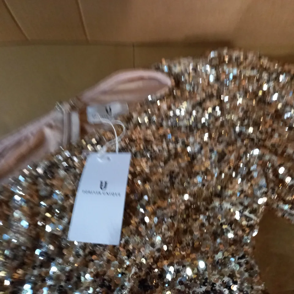 FOREVER UNIQUE GOLD SEQUIN ONE SHOULDER DRESS - UK 12