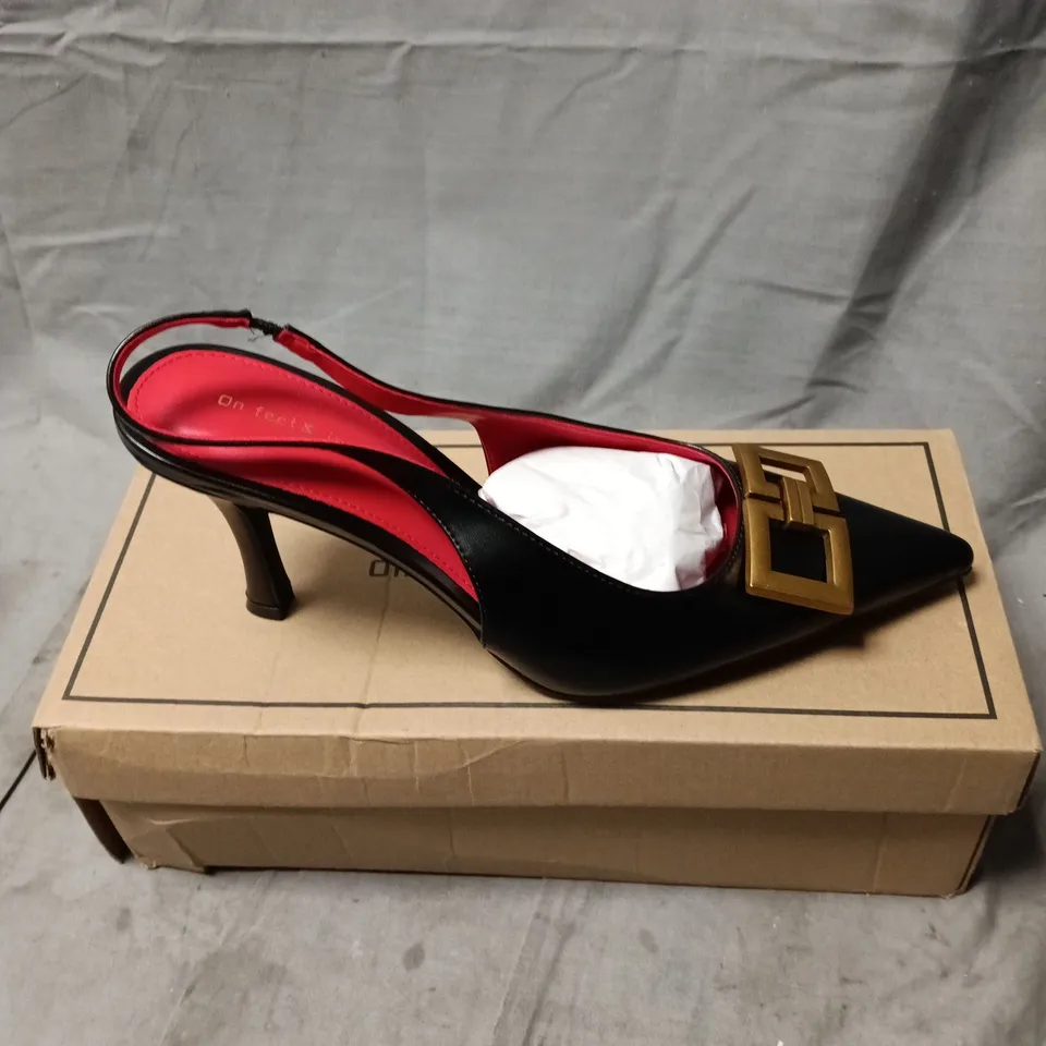 ON FEET AND IN LOVE BRANDED WOMEN'S BLACK LEATHER SLINGBACK HEELS WITH GOLD BUCKLE – SIZE 39
