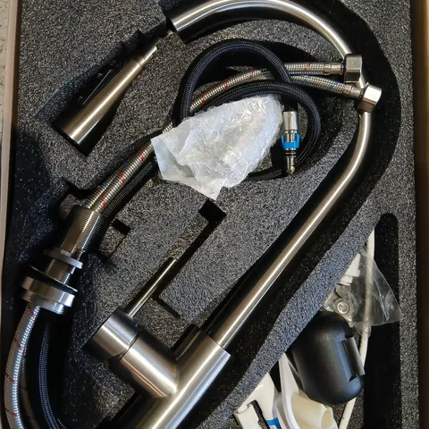 CREA BRUSHED STAINLESS STEEL KITCHEN FAUCET WITH GOOSENECK SPOUT AND PULL-DOWN SPRAY – BOXED 