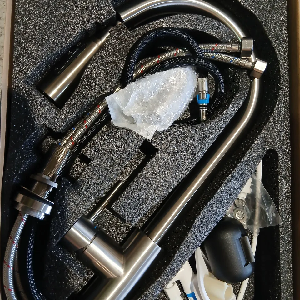 CREA BRUSHED STAINLESS STEEL KITCHEN FAUCET WITH GOOSENECK SPOUT AND PULL-DOWN SPRAY – BOXED 