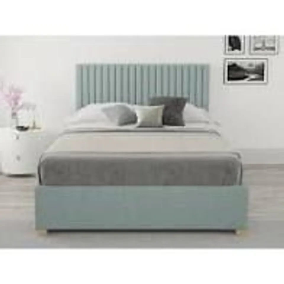 BOXED CHEVY UPHOLSTERED DOUBLE OTTOMAN BED FRAME - SKY (1 BOX)