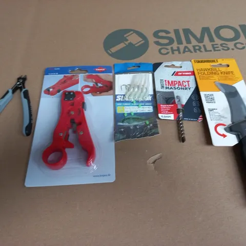 APPROXIMATELY 15 ASSORTED HOUSEHOLD PRODUCTS TO INCLUDE FISHING LURES, HAWKBILL FOLDING KNIFE AND KNIPEX PLIERS
