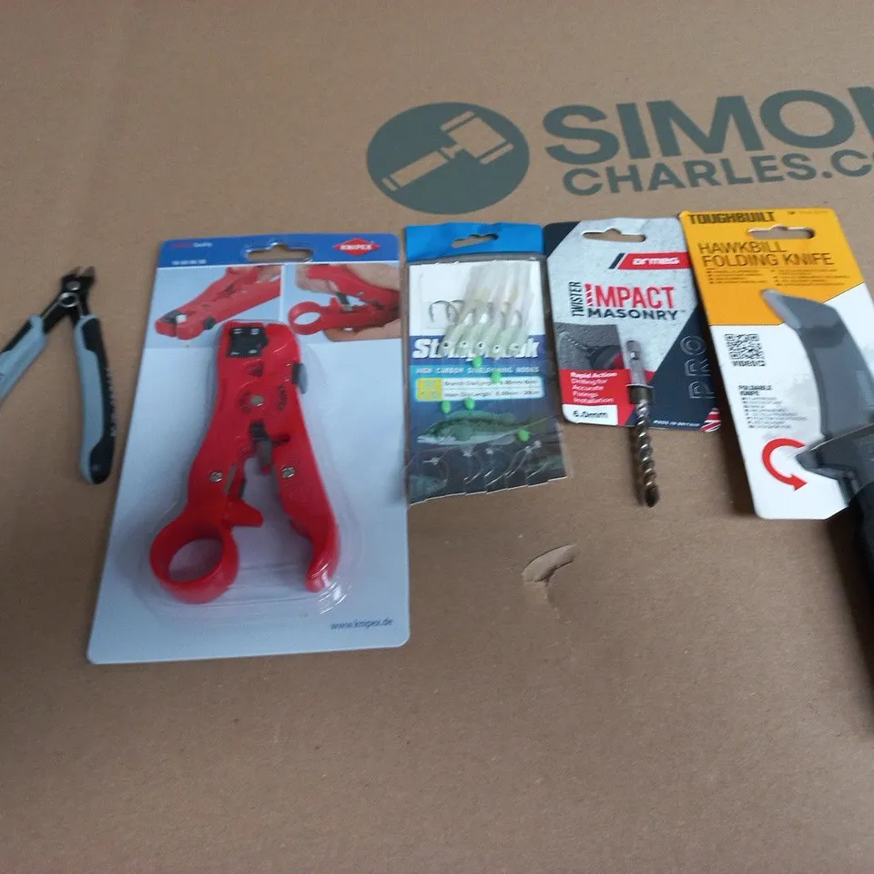 APPROXIMATELY 15 ASSORTED HOUSEHOLD PRODUCTS TO INCLUDE FISHING LURES, HAWKBILL FOLDING KNIFE AND KNIPEX PLIERS