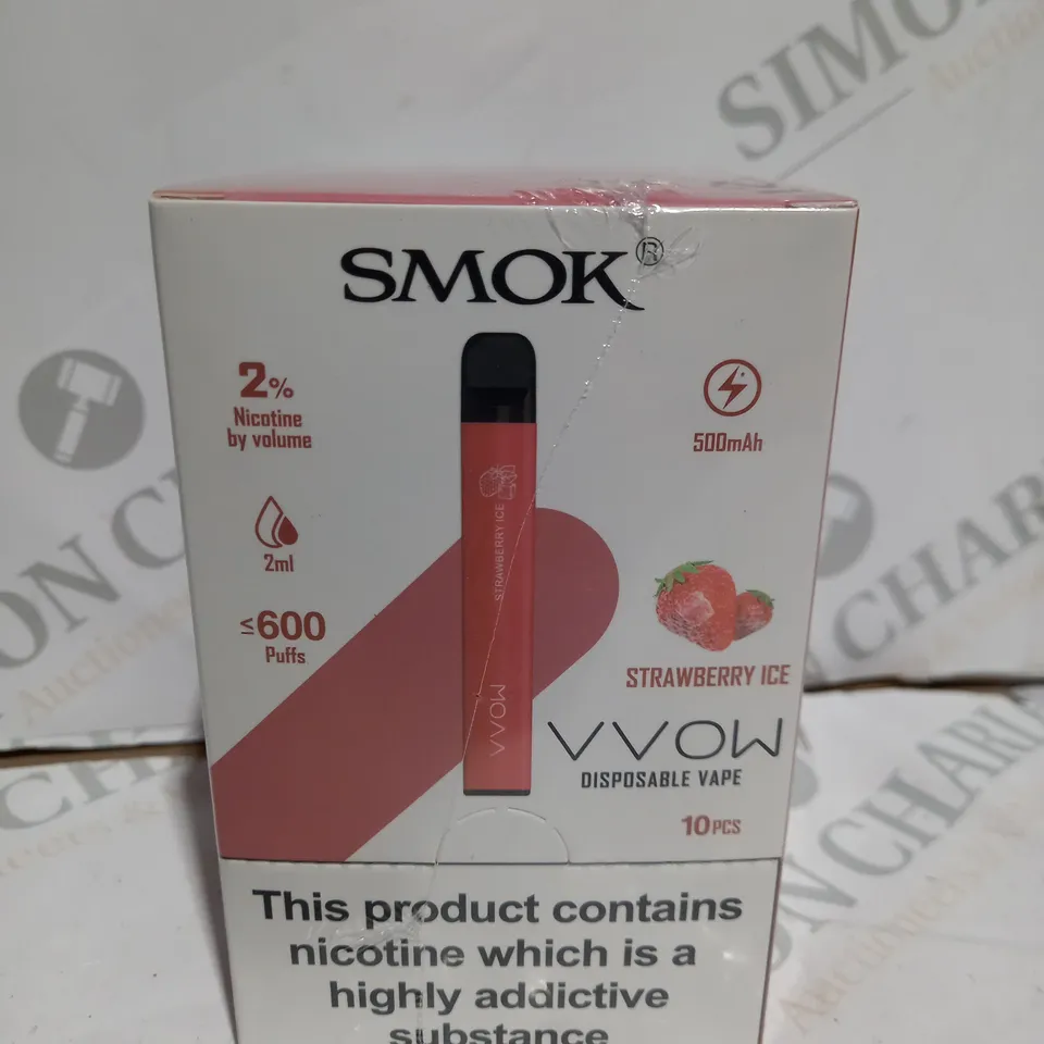 BOXED CELLOPHANE-WRAPPED PACK OF TEN SMOK VVOW DISPOSABLE VAPES - STRAWBERRY ICE 